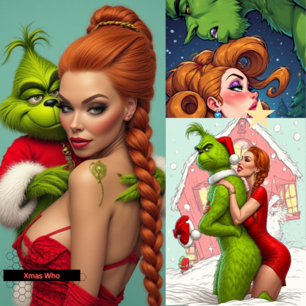 A glamorous red-haired woman and the Grinch pose in festive outfits with Xmas Who, sharing romantic holiday scenes in snow and Christmas decor. The images blend cartoon and realistic styles for a magical seasonal vibe.