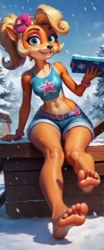 coco bandicoot sitting on a crate extending her furry feet