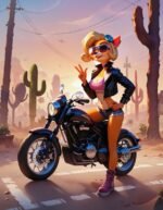 coco bandicoot riding a motorcycle in the desert