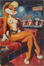 A cartoon of a woman in black lace lingerie from Lola Strip Club VIP. Seductively displaying her furry feet while sitting on a read leather couch at a luxury restaurant.