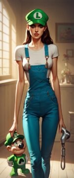 a tall brunette ai woman in white tshirt and blue overalls, female mario and luigi inspired artwork
