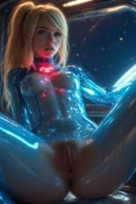 an ai space woman in light blue attire, nsfw ai samus fan art