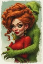 a beautiful redhead woman in a red dress with the grinch, adult Christmas artwork