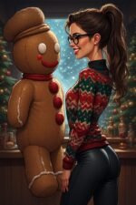 A smiling woman in glasses and a festive sweater stands beside a large gingerbread man indoors, with lit Christmas trees behind her, capturing the cozy holiday spirit of Xmas Wonderland.