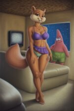 sandy cheeks a female squirrel with furry barefeet in a purple bikini with patrick pink starfish, adult Spongebob inspired cartoon fantasy art